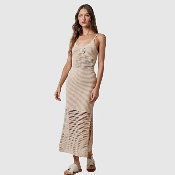 Anthropologie Beige Rosette Brown Crochet Adjustable Strap Dress - Picture 5 of 5